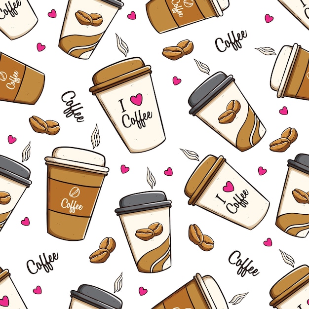 coffee cups and coffee beans in seamless pattern using doodle art