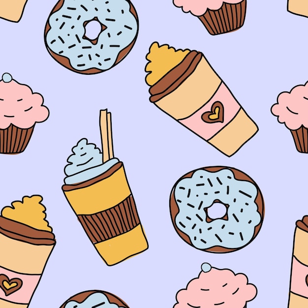 Coffee cups donuts on a pastel blue background vector seamless pattern