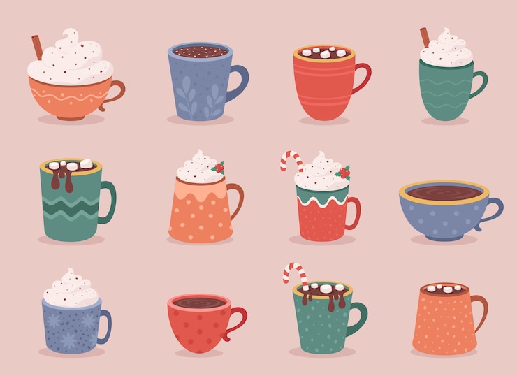 Vector coffee cups and hot chocolate collection autumn and winter hot drinks