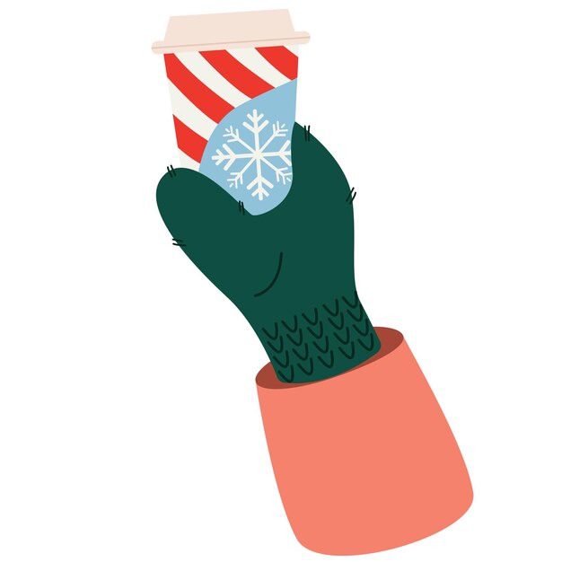ベクトル 白い背景に分離された雪の結晶のコーヒー カップ ミトンをはめた手はコーヒーのカップを保持しています