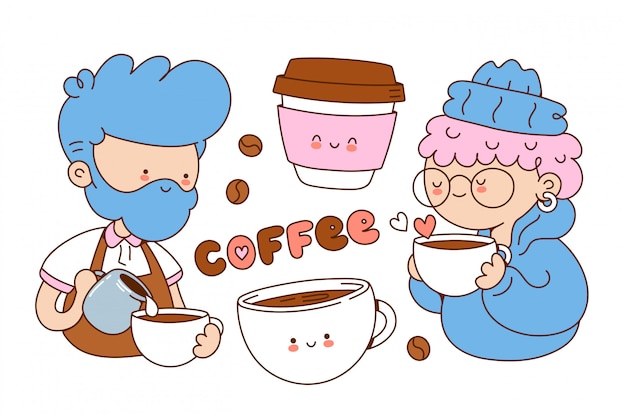 Набор кофе милые иллюстрации. иллюстрация персонажа из мультфильма. изолировано на белой предпосылке