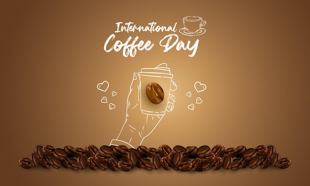 Vector coffee day background with hand drawn and realistic llustration decoration