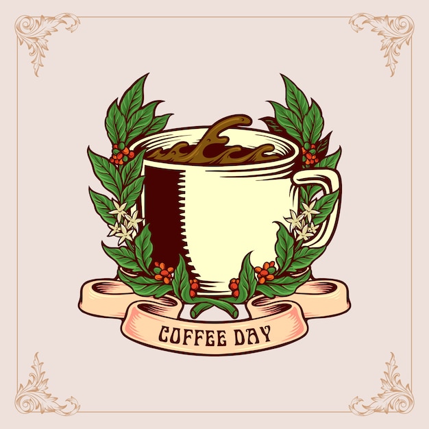 Coffee day vintage badge met glas en lint