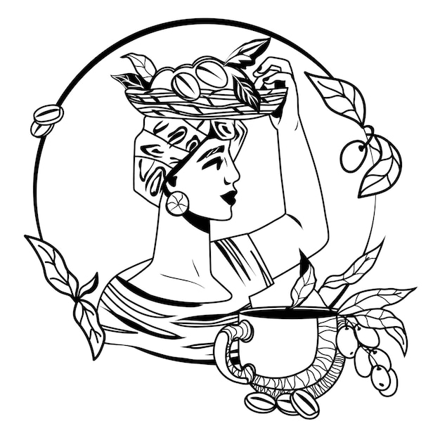 Coffee decorative emblem or logo element with monochrome line art image of farmer woman with harvest