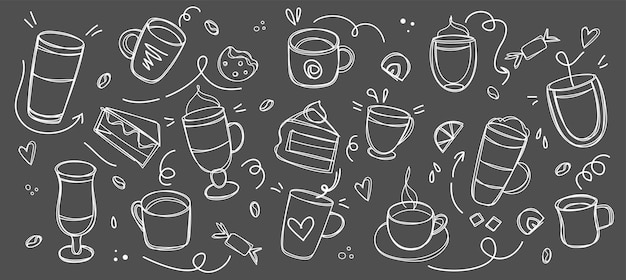 Coffee and desserts in doodle style drawn with chalk on a black board Sketch of different cups of c