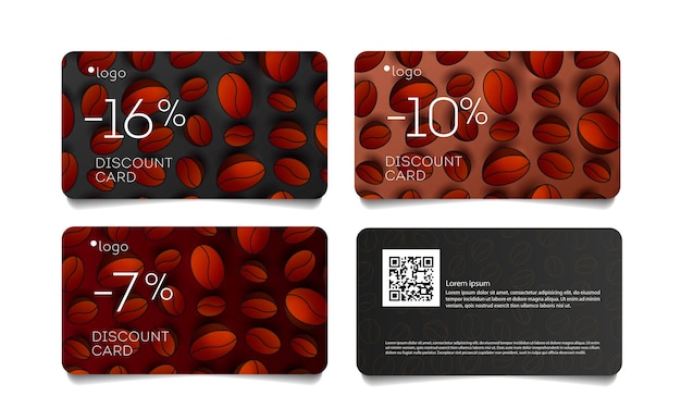 Coffee discount coupon voucher with 3d coffee beans pattern set of cards front and back