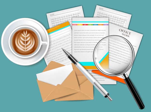 Vector coffee and documents realistic set