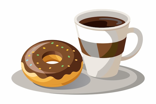 coffee and donut icon black coffee in white cup with chocolate donut on white background