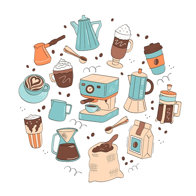 Vector coffee doodle icons in round shape coffee coffee pot coffee machine latte cappuccino