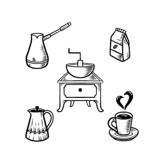 Illustrazione disegnata a mano del set di doodle del caffè