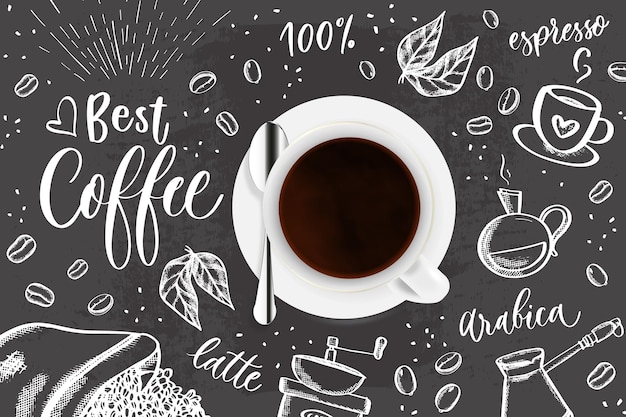 Vettore illustrazione dello schizzo del doodle del caffè sull'ora del caffè sfondo vettoriale con illustrazione dello schizzo del doodle dei dettagli delle bevande dei chicchi di caffè per il menu del caffè