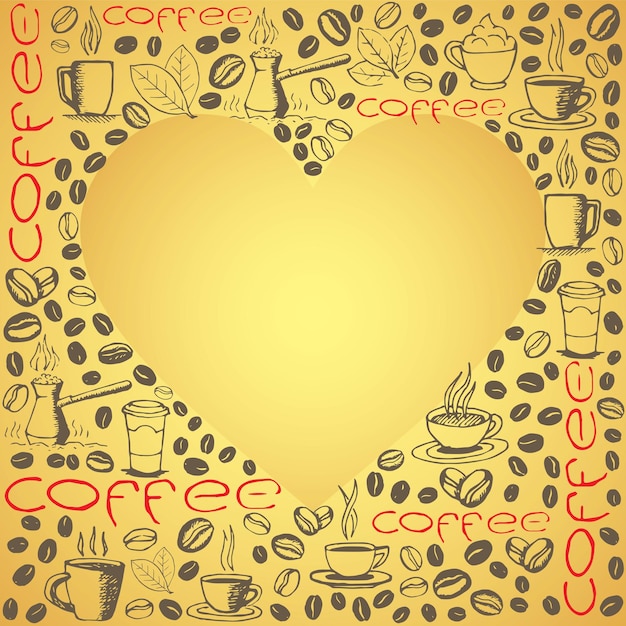 Coffee Doodles Background with Heart Shape inside