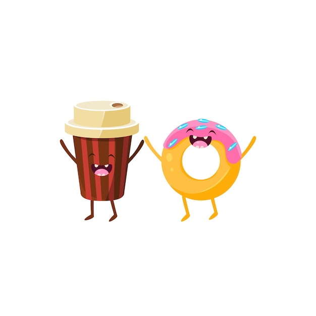 Vector coffee and doughnut cartoon friends colorful funny flat vector isolated illustration on white background