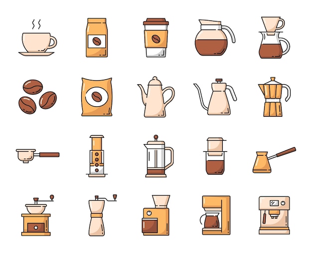 Coffee drink line icons set. Steaming hot coffee cup, beans bag and moka pot, manual and power coffee grinders, espresso and drip machine, turkish cezve, french and american press outline pictogram