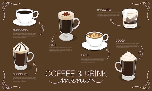 Illustrazione del menu delle bevande e del caffè con differenti tipi caldi della bevanda e del caffè