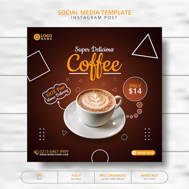 Modello di post sui social media per la promozione del menu della bevanda al caffè