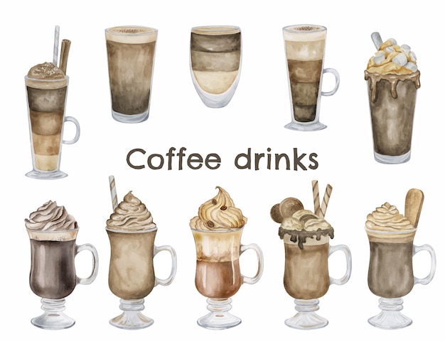 Coffee drinks hand drawn watercolor illustrations Sweet chocola