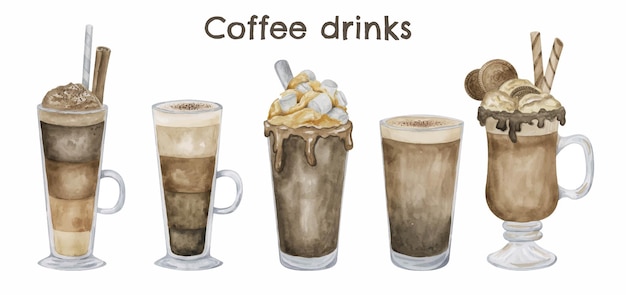 Vector coffee drinks hand drawn watercolor illustrations sweet chocola