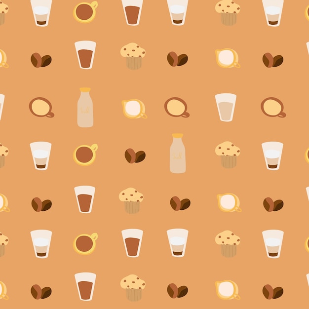 Coffee elements vector pattern flat style coffee mug muffin milk coffee bean glass menu design