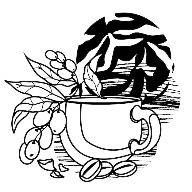 Coffee emblem or logo element design Monochrome line art image of coffee