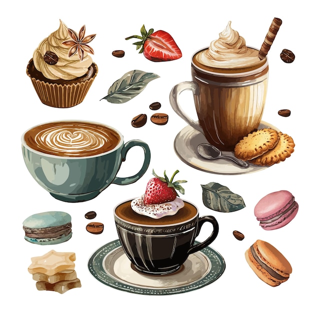 Vector coffee en cupcake element collectie met fruit koekjes en snoep
