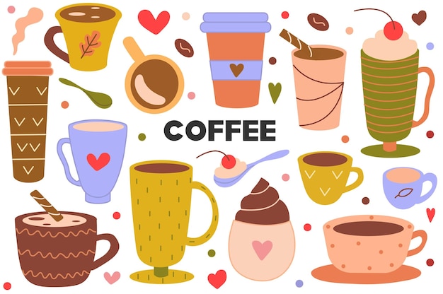 Vector coffee flat cartoon set an inviting set of cartoondesigned illustrations showcasing cups