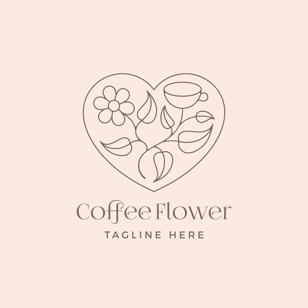 Simbolo del segno alla moda di vettore astratto del fiore del caffè o modello di logo lineare foglie con la tazza in una cornice del cuore con la tipografia