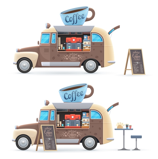 벡터 지붕, 커피 기계, 칠판 메뉴 및 의자 테이블에 거대한 컵 커피 음식 트럭 고립 된 벡터 복고풍 반