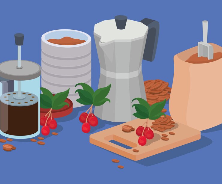 Vector coffee french press jar moka pot and bag design of drink caffeine breakfast and beverage theme.