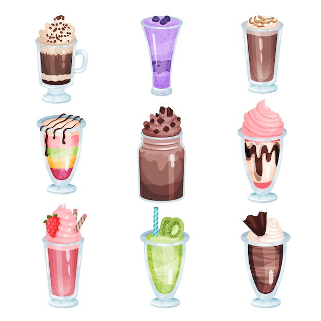 coffee and fruit smoothie set, refreshment beverage in glass cartoon   illustrations