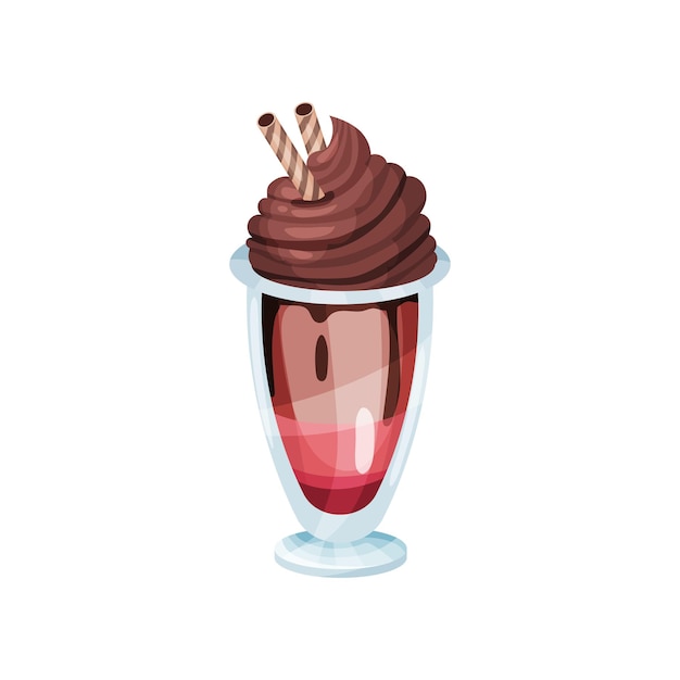 Coffee fruit smoothie with whipped chocolate cream and waffle sticks refreshment beverage in glass cartoon vector Illustration on a white background