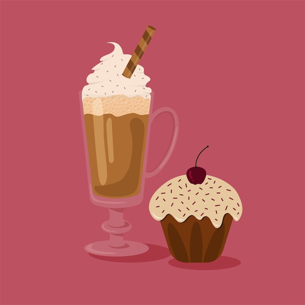 Coffee in glass vector flat A glass of coffee with foam and a cupcake with a cherry Vector