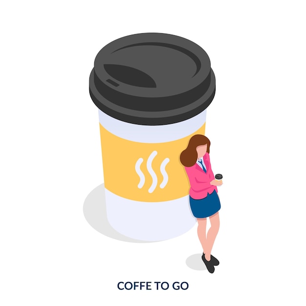 Coffee to go concept. Girl next to a huge cup of coffee.Vector illustration.