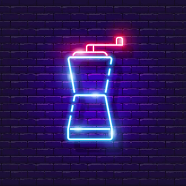 Coffee grinder neon sign Vector illustration for design Drink preparation concept Glowing icon of household appliances for the kitchen