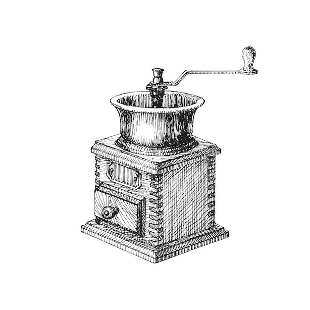 Coffee grinder vintage drawing in engraving style
