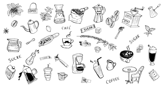 Vector coffee hand drawn doodle vector set coffee machine sugar dispenser instant coffee beans plants