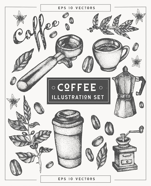 Vector coffee hand drawn elements set.