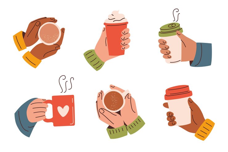 Vector coffee hands collectie vector illustratie in platte cartoon stijl handen met koffiekopjes gezellig