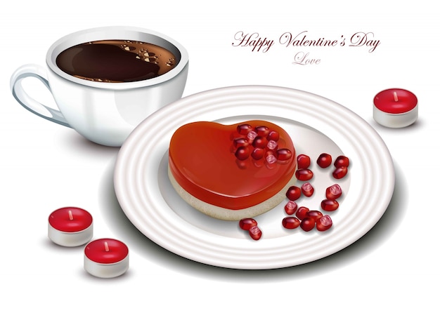 Vector coffee and heart shape dessert vector realistic. sweet romantic valentine day cards