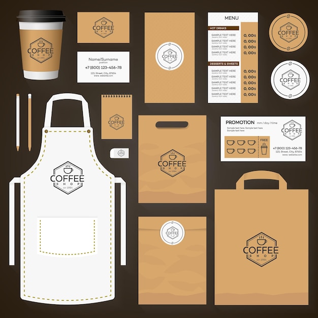Набор шаблонов фирменного стиля кофейни с логотипом кофейни и чашкой кофе. Ресторан-кафе, набор карточек, листовок, меню, пакет, униформа, набор векторных иллюстраций.