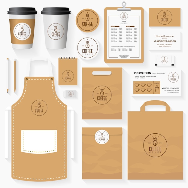 Vettore set di modelli di identità aziendale della caffetteria con logo del chicco di caffè. set di schede di caffetteria del ristorante, volantino, menu, pacchetto, set di design uniforme. illustrazione vettoriale