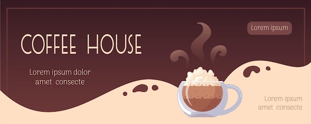 Coffee house Horizontal banner with a glass mug of multilayered hot cappuccino whipped cream