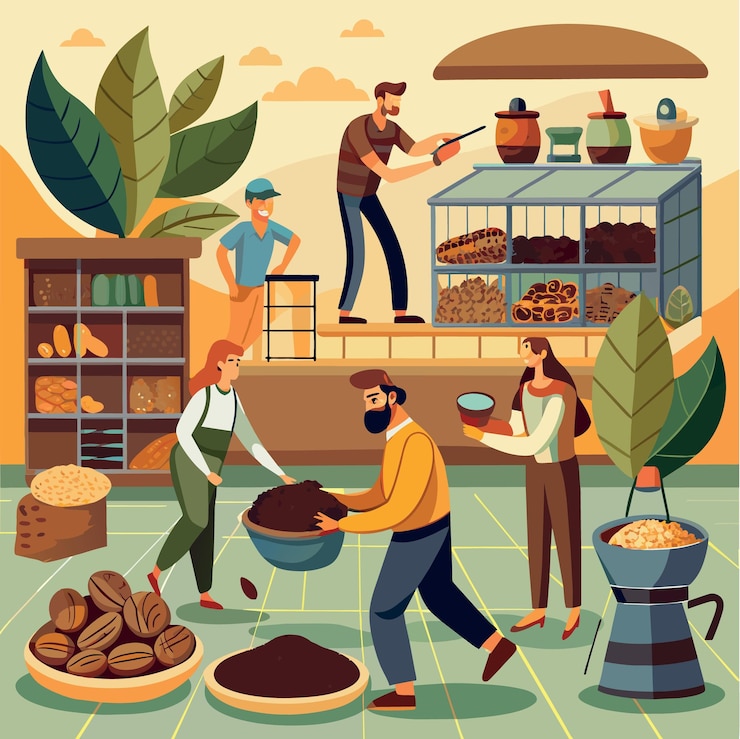 Vector coffee industry concept miniature people adult customer man buying roasted coffee bean put in sma