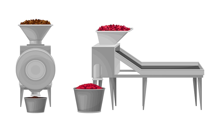 Vector coffee industry production processing of harvested beans with special equipment vector illustration