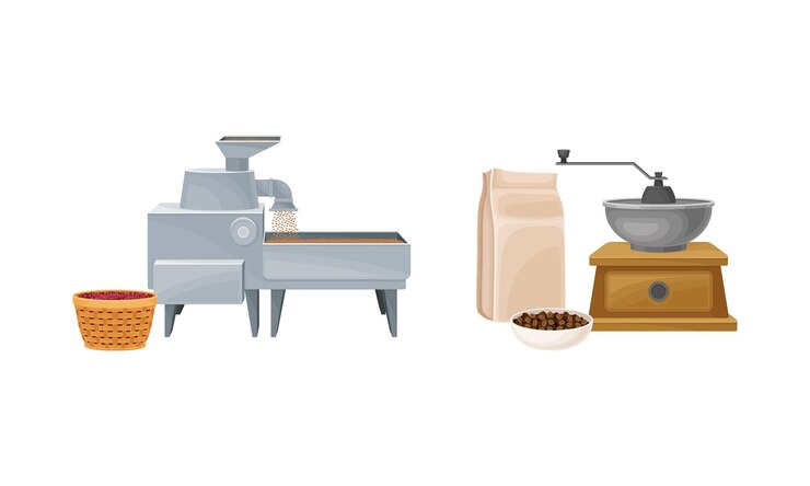 Vector coffee industry production set coffee beans hulling and grinding vector illustration