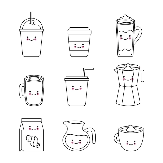 Caffè kawaii icone carine impostate per colorare l'illustrazione vettoriale