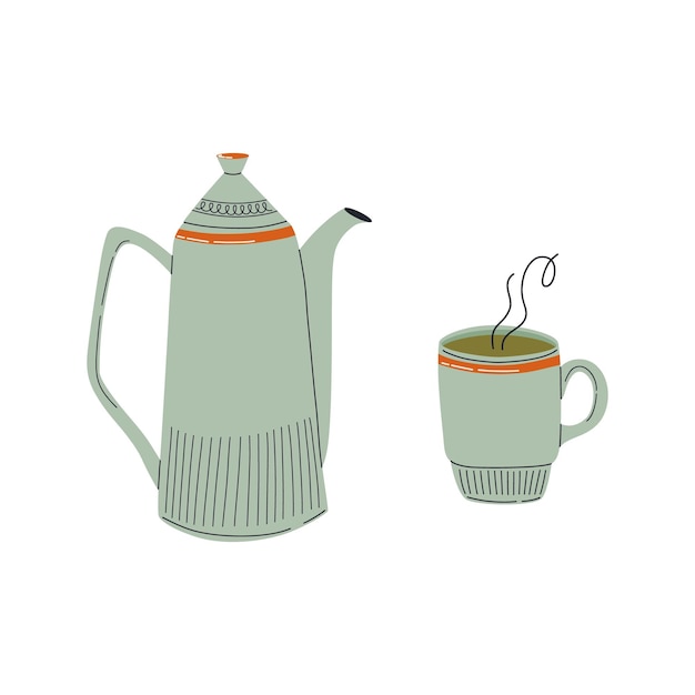 Vector coffee kettle and cup cup of tea and teapot hot drink hand drawn vector illustration