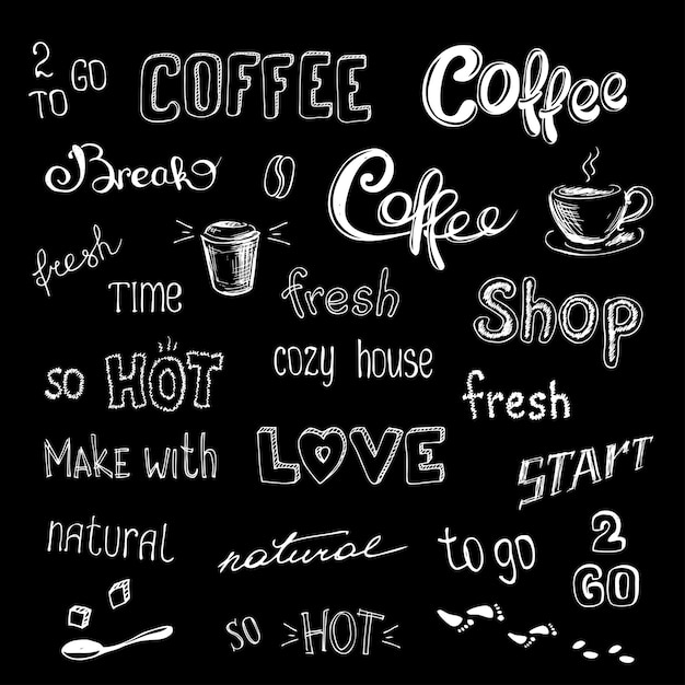 Vettore caffè lettering motivo senza cuciture bianco su sfondo nero illustrazione vettoriale