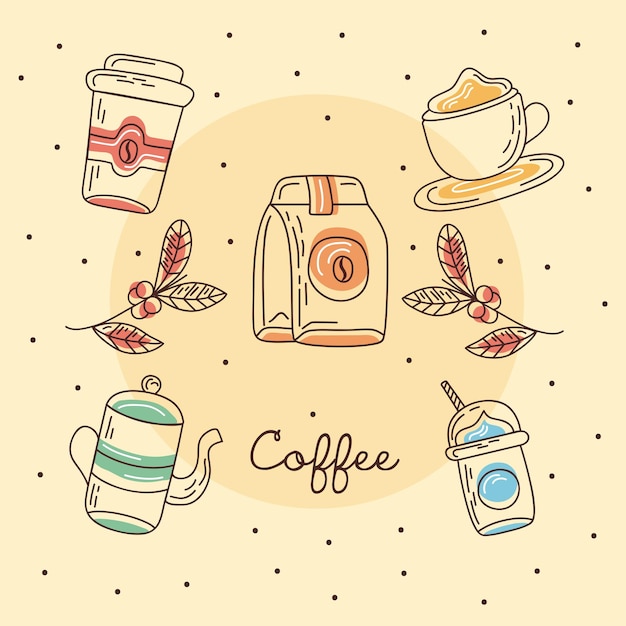 Coffee lettering and seven icons