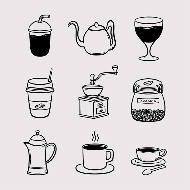 Illustrazione vettoriale del disegno della mano del set di arte della linea del caffè